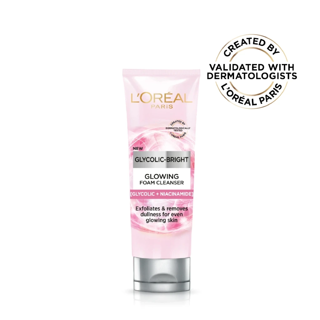 L’Oréal Paris, Glycolic-Bright Daily Glowing Foam Cleanser, with Glycolic Acid and Niacinamide, to Exfoliate and Remove Dullness for Even Glowing Skin, 100ml